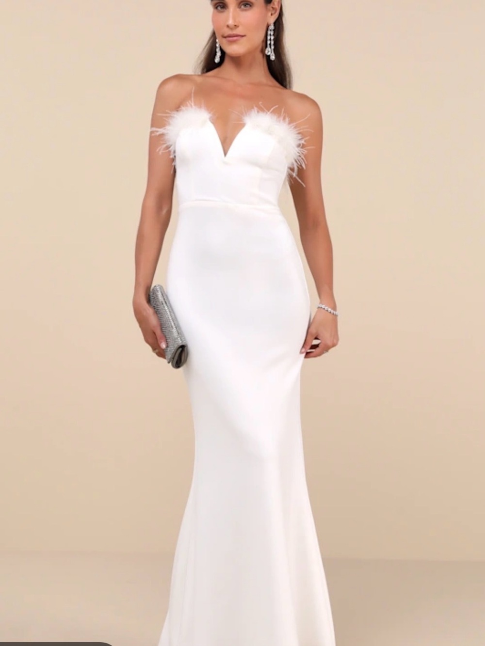 Lulus Extraordinary Glam White Feather Strapless Mermaid Maxi Dress